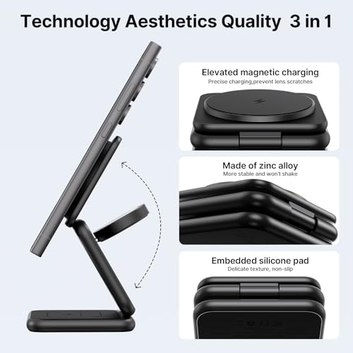 KU XIU 3 in 1 Charging Station for Samsung Phone Watch Buds | Aluminum Alloy Foldable Wireless Charger for Samsung Galaxy S26 S25 Ultra/Galaxy Buds, for Galaxy Watch Ultra 8 7 6 5 4 - color: Black