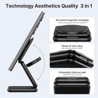 KU XIU 3 in 1 Charging Station for Samsung Phone Watch Buds | Aluminum Alloy Foldable Wireless Charger for Samsung Galaxy S26 S25 Ultra/Galaxy Buds, for Galaxy Watch Ultra 8 7 6 5 4 - color: Black