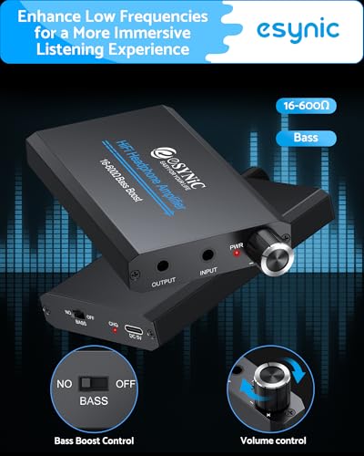 eSynic 16-600Ω Bass Headphone Amp Portable - HiFi 3.5MM Audio Headphone Amplifier Rechargeable with Bass Switch-Aluminum Alloy Case &12H Playtime-0.005% THD for MP3/Phone/PC/Laptop/Car (3.5mm AUX)