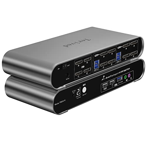 2 Port DP USB 3.0 Automatic KVM Switch Quad Monitor Two Computers Four DisplayPort Monitors, 8K@30Hz 4K@144Hz, Aluminum hotkey Audio Microphone, Digital Display, HDR10 with Cables - style: 2 Computers 4 DP Monitors USB 3.0