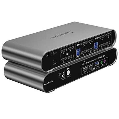 2 Port DP USB 3.0 Automatic KVM Switch Quad Monitor Two Computers Four DisplayPort Monitors, 8K@30Hz 4K@144Hz, Aluminum hotkey Audio Microphone, Digital Display, HDR10 with Cables - style: 2 Computers 4 DP Monitors USB 3.0