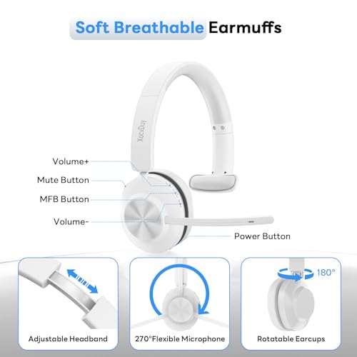 Bluetooth Headset, Wireless Headset with Mic for Work, Bluetooth 5.3, Wireless Headphones with AI Noise Cancelling Microphone (Clear Calls & Mic Mute), USB Dongle, for Computer/PC(White) - color: White