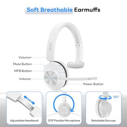 Bluetooth Headset, Wireless Headset with Mic for Work, Bluetooth 5.3, Wireless Headphones with AI Noise Cancelling Microphone (Clear Calls & Mic Mute), USB Dongle, for Computer/PC(White) - color: White