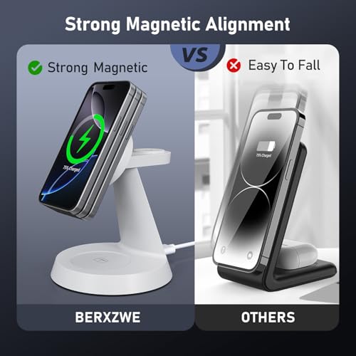 iPhone Charging Station 3 in 1 Wireless Charger for Apple Devices, 15W MagSafe Stand Compatible with iPhone 17 16 15 14 13 12 Pro Max Plus, Charging Dock for AirPods 4 3 2 & iWatch Series (White) - color: White