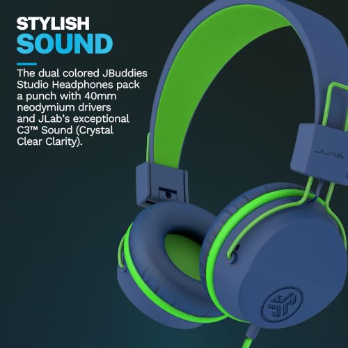 JLab JBuddies Studio Kids on-Ear Wired Headphones with mic, Volume Limiter, Folding, Adjustable, Noise Isolation, Blue/Green - color: Blue/Green, size: Headphones