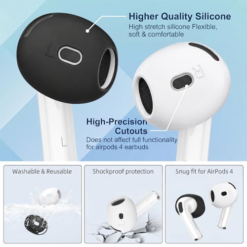 6 Pairs Ear Cover for AirPods 4, Anti Slip Ultra Thin Soft Air Pod 4 Accessories Compatible with Apple AirPods 4 Generation (Black & White)