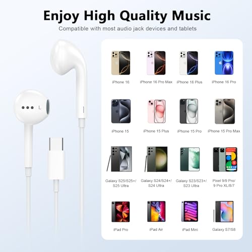 [Apple MFi Certified] USB C Headphones for iPhone 17 16 15 Pro Max 2 Pack | Wired USB C Earphones/Earbuds with Built-in Remote to Control Music/Phone Calls/Volume, Compatible for iPhone 17 16 15/Galaxy - color: CWhite