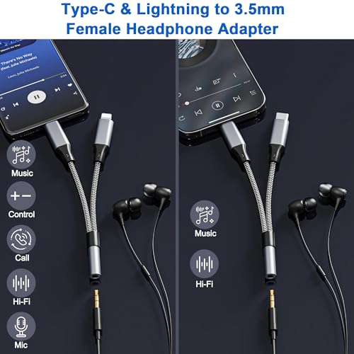 USB C and Lightning to 3.5 mm Headphone Adapter for iPhone - 2 in 1 USB C to 3.5mm & Lighting to 3.5mm Aux to USB C and Lightning Audio adapter for iPhone17 16 15 14 13 12 Pro Galaxy S24 S23 iPad Mac