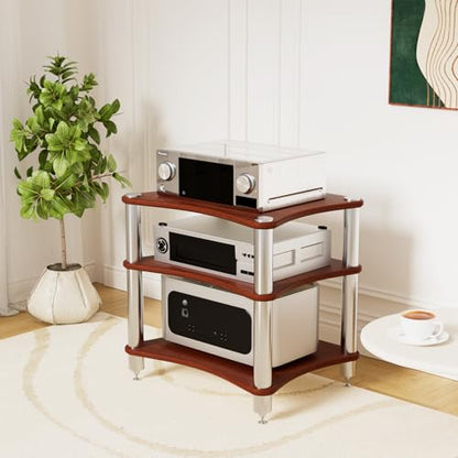 3-Tier AV Media Stand with Speaker Spikes, Stereo Racks and Stand | Audio Equipment Cabinet Entertainment Device Open Air Storage, Dark Wood - size: 3-Tier