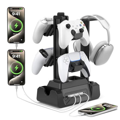 KDD Charging Station for Multiple Devices - 4 Ports Charging Dock with Controller and Headset Stand - 3 USB A & 1 USB C for Cellphone Tablet and Other Electronic - Multi Storage for Gaming Accessories