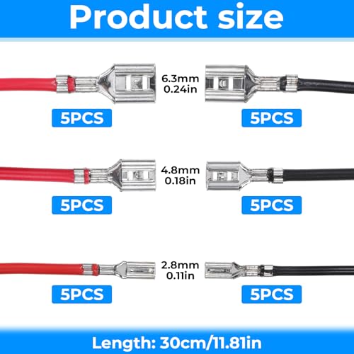 30Pcs 2.8mm 4.8mm and 6.3mm Female Spade Crimp Terminal with Insulating Sleeve and Wire, Red+Black Quick Splice Connector Kit for Speaker Wire, Crimp Terminal Assortment with 30cm Wires