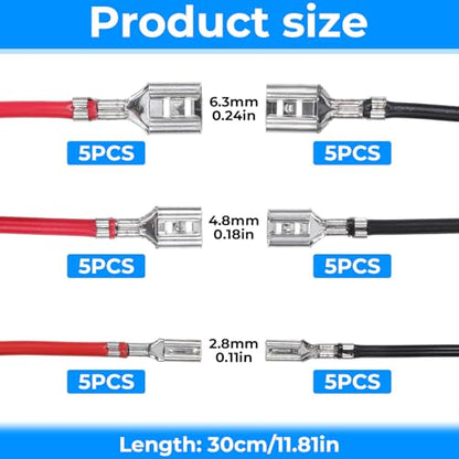 30Pcs 2.8mm 4.8mm and 6.3mm Female Spade Crimp Terminal with Insulating Sleeve and Wire, Red+Black Quick Splice Connector Kit for Speaker Wire, Crimp Terminal Assortment with 30cm Wires