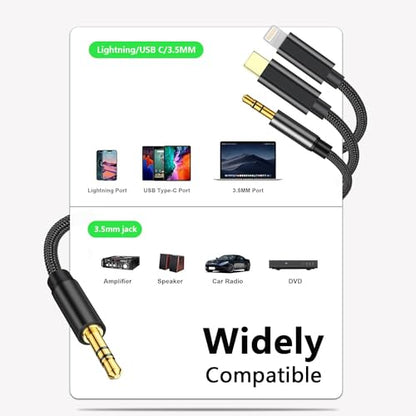 3 in 1 Aux Audio Cord for iPhone [Apple Mfi Certified], USB C to 3.5mm Aux, Lightning to 3.5mm Aux Cable Fit with iPhone 16 15 14, Pixel 9 8 7, Galaxy S24 S23, iPad/MacBook Pro to Car Stereo 4FT