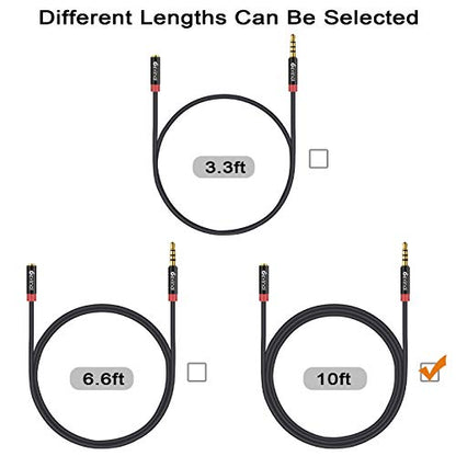 3.5mm TRRS Headphone Extension Cable, 1/8" inch Female 4-Pole to Male Extension Cord, Mini-Jack Aux Stereo Audio Connector 10Ft/3M (2 Pack) - size: 10 Ft
