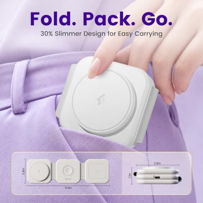 15W Magnetic Travel Charging Station, 3-in-1 Foldable MagSafe Charger | Wireless Charger for Apple Multiple Devices - iPhone Air 17 16 15 14 13 12 Pro Max, Watch & AirPods - Grayish White - color: Grayish white