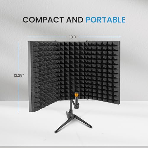 IDANCE Microphone Isolation Shield, 3 Panel Foldable Vocal Shield with Absorbent Foam for Mic Stand or Tabletop Use, Mic Isolation for Studio Recording, Podcasting, Voiceover