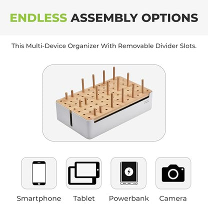 Prosumers Choice Bamboo Charging Station - Multi Charger Station Organizer - Desk Docking Station for Phones, Tablets, Laptop - Wooden Charging Station with Removable Dividers - Cables Not Included - color: Metal & Bamboo White