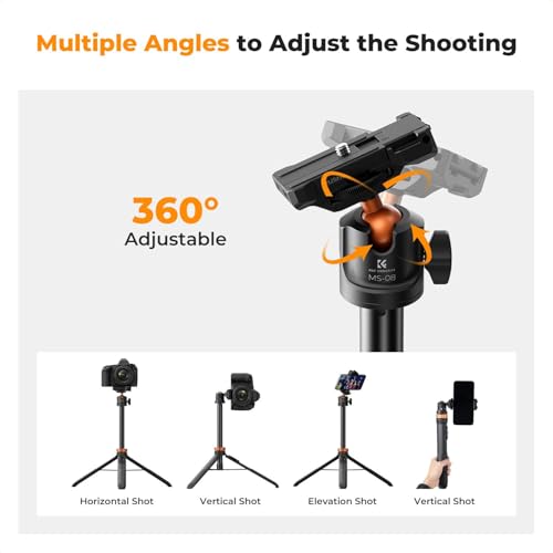 K&F CONCEPT 62'' Phone Selfie Stick Tripod | 360° Ball Head Camera Tripod with Remote, 2-in-1 Phone Holder Compatible with DJI Osmo Pocket 4/3 Insta360 Luna Ultra. MS08 - color: Black