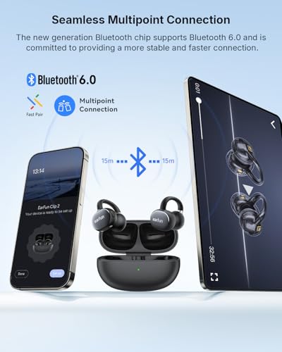 EarFun Clip 2 Open Ear Earbuds, Clip On Headphones, AI Translation Earbuds | LDAC, Hi-Res Audio, Bluetooth 6.0 for Running, Workout, 12mm Titanium Driver, 4 Mics AI Clear Call, Secure Fit, 40H Playtime - color: Black