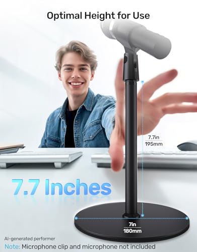 7.7-in Desktop Mic Stand, Weighted Base for Multi Microphone Holder Stand | 3/8 Thread, With 5/8, 1/4 Adapters for Wide Compatibility, Cable Ties, Table Stand for Multi Microphone Holder/Podium/Podcast
