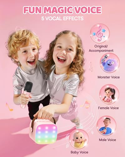 YLL Mini Karaoke Machine with 4 Wireless Microphones, Gifts for Kids | Portable Magic Voice Bluetooth Speaker, Birthday Gifts for Girls Ages 3, 4, 5, 6, 7, 8, 9, 10, 11, 12+ Year Old Family Party - color: Pink-4 Mics