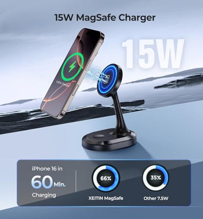 3 in 1 Magnetic Wireless Charging Station Apple Devices 15W Fast Mag-Safe Charger Stand Wireless Charger Station for iPhone 17 16 15 14 13 12 Pro/Pro Max/Plus/Mini AirPods 2/3/Pro iWatch Series