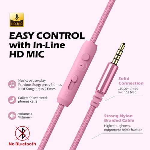 아동용 유선 헤드폰, 마이크 포함, 여학생, 3.5mm 잭, 핑크 | 온 이어 헤드셋 및 볼륨 컨트롤 접이식 유선 컴퓨터 크롬북 어린이 청소년 교실 온라인 학습 여행용 - color: 핑크, size: 미디엄