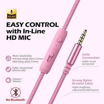 아동용 유선 헤드폰, 마이크 포함, 여학생, 3.5mm 잭, 핑크 | 온 이어 헤드셋 및 볼륨 컨트롤 접이식 유선 컴퓨터 크롬북 어린이 청소년 교실 온라인 학습 여행용 - color: 핑크, size: 미디엄