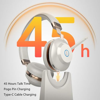 Wireless Headset with Mic for Work, Bluetooth Headset with Microphone Mute & USB Dongle, 45HrsWireless Headphones with Mic Noise Canceling& Charging Dock for WFH/Call Center/PC/Teams/Trucker/Office