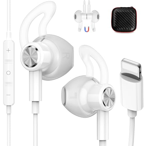 iMangoo for Apple Lightning Headphones MFi-Certified Wired Earbuds White | Magnetic Larger Ear Buds Earphones with Anti-Drop Tips Corded Headset Cord for iPhone 14 Plus 13 Pro Max 12 Mini 11 XS XR 8