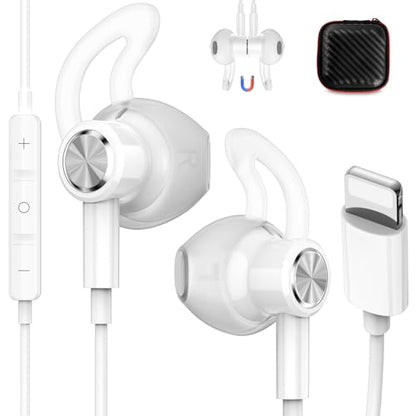 iMangoo for Apple Lightning Headphones MFi-Certified Wired Earbuds White | Magnetic Larger Ear Buds Earphones with Anti-Drop Tips Corded Headset Cord for iPhone 14 Plus 13 Pro Max 12 Mini 11 XS XR 8