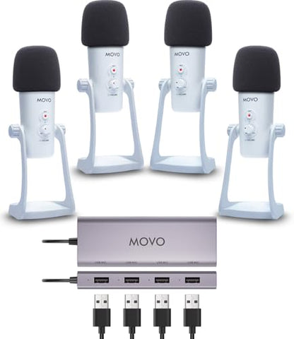 Movo USB Podcast Equipment Bundle for 4 – USB Interface with 4 UM700 Condenser Microphones – 4-Port Powered Hub for Streaming, Podcasting, Interviews (White)