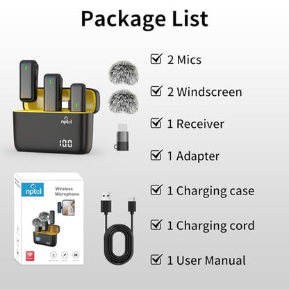 NPTCL Wireless Lavalier Microphone for iPhone iPad Android, Mini USB C Mic | 24H Charging Case, Digital Charge Display, Noise Reduction for Content Creator Video Recording Vlog Podcast YouTube TikTok