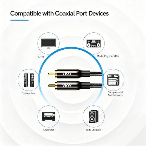 VIOY Coaxial Digital Audio Cable 100 FT, RCA Male to Male Subwoofer Cable | Gold-plated RCA plug, lossless digital signal, EMI/RFI Shielding, Braided Jacket for TV, soundbar, subwoofer and home theater - size: 100FT