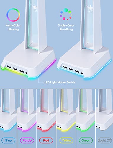 PHNIXGAM RGB Headphone Stand with 3.5mm AUX and 3 Port USB 2.0 Hub, White