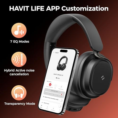havit 132H Playtime Noise Cancelling Headphones, Over Ear Wireless Bluetooth Headphones with Hybrid ANC, Fast Charge, Dual Device Connection, Foldable Design with Mic for Travel, Work & Office