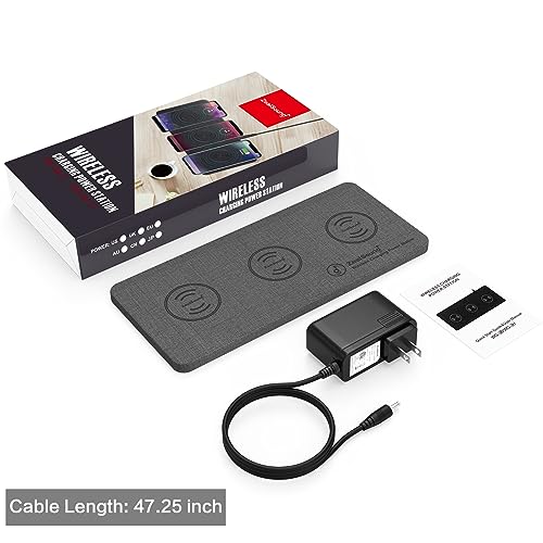 ZealSound Wireless Charging Pad, 3 in 1 Charger Mat for iPhone, Samsung Galaxy, Pixel, AirPods & Galaxy Buds, 24W Adapter Included, Ultra Slim, Case Friendly, PU Leather, Home Office & Travel, Gray - color: Gray