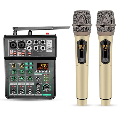 5 Core 4 Channel Audio Mixer with Bluetooth DJ Sound Controller XLR Microphone Studio Soundboard w +48V Phantom USB-A, MP3 Player Full EQ RCA Input/Output w Wireless Mic