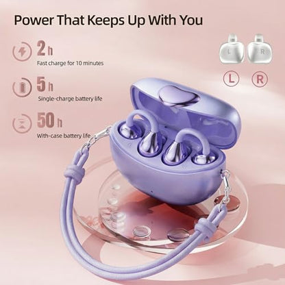 HJX Gen3 Open Ear Clip On Earbuds Headphones Over Ear for Running Workout, Wireless Ear Buds with 14mm Drivers Powerful Sound, IPX7 Waterproof, Bluetooth 6.0 Hi-Res, FlexiClip Design,Purple - color: Purple