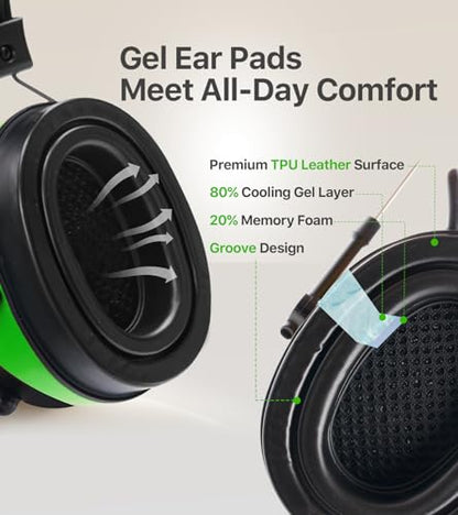 AM FM Radio Hearing Protection Earmuff, Bluetooth 5.4, 30SNR | Rechargeable Hearing Protectors with Gel Earpads, Headphones for Lawn Mowing, Construction, Chainsaw, Landscaping - color: Am/Fm+ Bluetooth-green