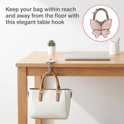 Chedin Pink Butterfly Under Desk Bag Hook,Adjustable Table Side Hanger
