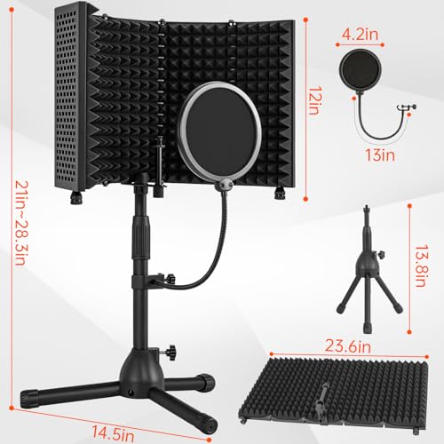 Desktop Microphone Isolation Shield | with Tripod Stand Curved Panel, Foldable Microphone Sound Shield, Studio Mic Sound Absorbing Foam Reflector - size: Standard