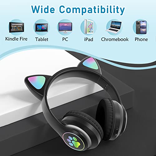 Kids Bluetooth Wireless Over-Ear Cat Ear Headphones with Microphone for Kids Teens Adults (Black) | Over Ear Headphones for Girls/Teenagers/Adults - color: Pure Black