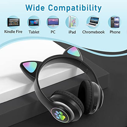 Kids Bluetooth Wireless Over-Ear Cat Ear Headphones with Microphone for Kids Teens Adults (Black) | Over Ear Headphones for Girls/Teenagers/Adults - color: Pure Black