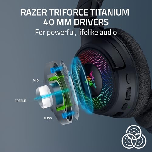 Razer Kraken V4 무선 게이밍 헤드셋: 2.4GHz, 블루투스, USB - 슈퍼 와이드밴드 마이크 - 40mm 드라이버 - 9존 RGB 조명 - PC, 맥, PS5, 닌텐도 스위치, 스팀 데크, 스마트폰용 - 블랙 (리뉴얼)