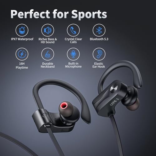 JOYWISE Bluetooth Headphones, Wireless Earbuds Bluetooth 5.3 Headphones with 16Hrs Playtime Stereo Bass Headsets, IPX7 Waterproof Running Earphones for Sports, Black - color: Black