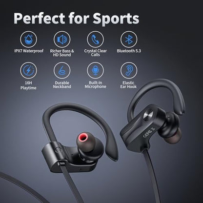 JOYWISE Bluetooth Headphones, Wireless Earbuds Bluetooth 5.3 Headphones with 16Hrs Playtime Stereo Bass Headsets, IPX7 Waterproof Running Earphones for Sports, Black - color: Black