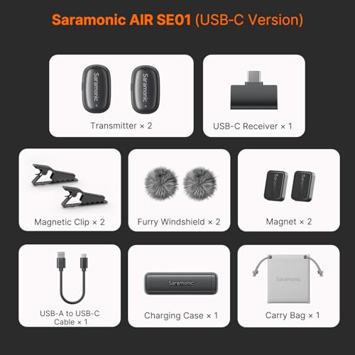 Saramonic Air SE Wireless Mini Microphone for iPhone 17/16/15 & Android, 48kHz/24-bit, AI Noise Cancellation, Clip on Content Creator Microphones for Interview YouTube TikTok Vlogging (2TX + USB-C RX)