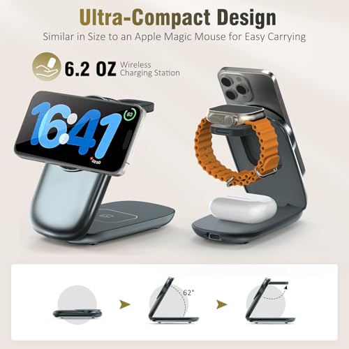 3 in 1 Folding Charging Station for iPhone 16e/16/15/14/13/12 Compatible with Apple Watch 10/9/8/7/6/5/4/3 Ultra,Wireless Charging Station for Airpods/4/3 pro - color: Grey