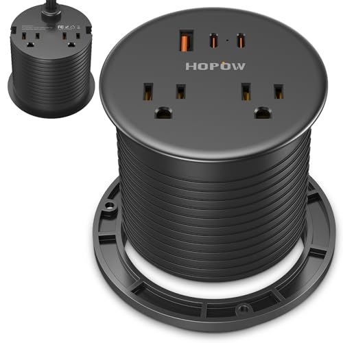 Desk Grommet, Dual-Sided Recessed Power Strip, 4 Outlets 3 USB (2 USB-C) | Flush mount desktop charging station, essential workspace desk outlet. 6.5FT flat plug extension cord, home office, black